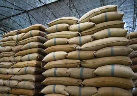 Bags of grain are stacked in a warehouse